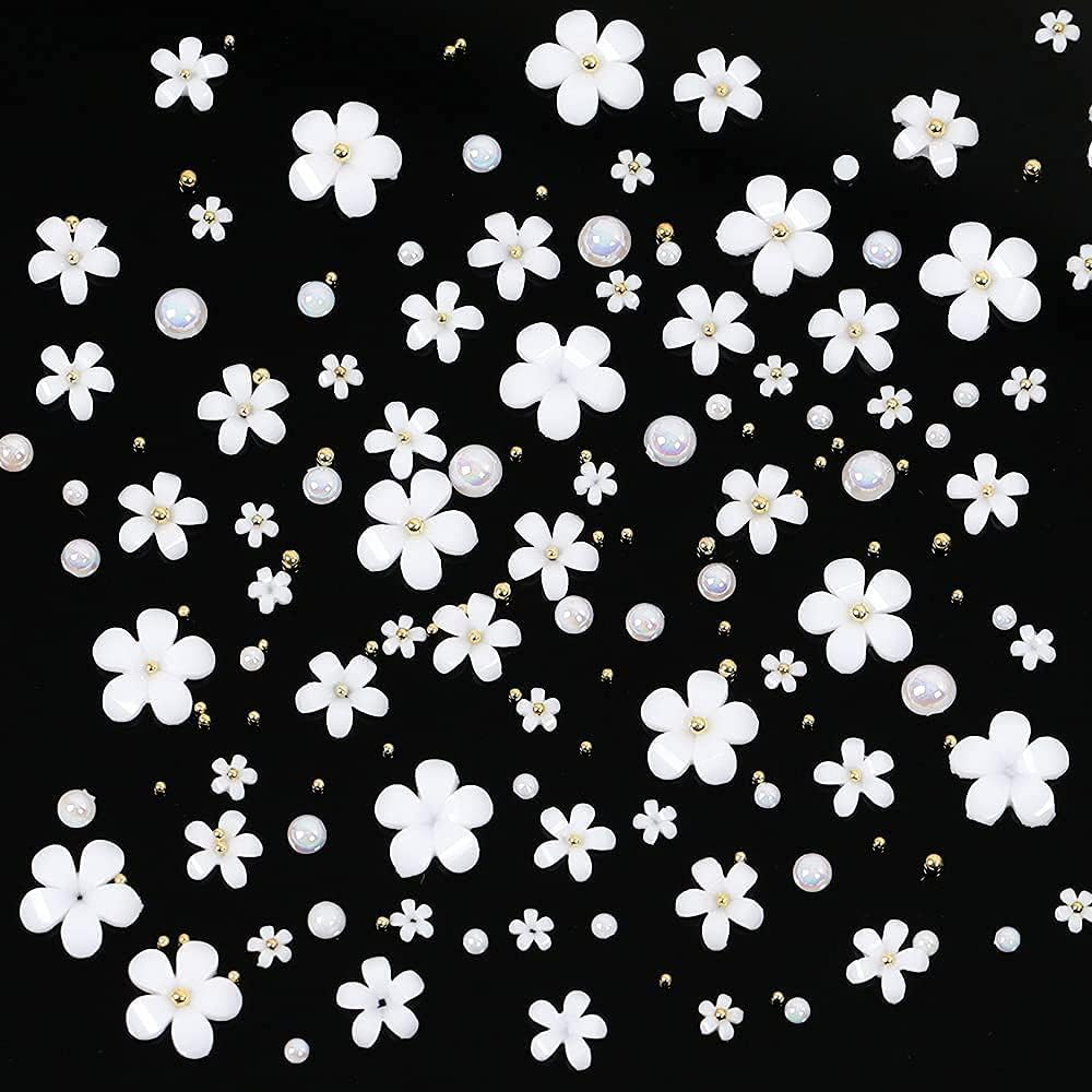 3D Flower Nail Art Charms, 250Pcs White Flowers Nail Rhinestones Kit 3D Crystal Nail Pearls Flat Design Acrylic Nail Art Studs Manicures Nail Accessories for Women Girls image number 6