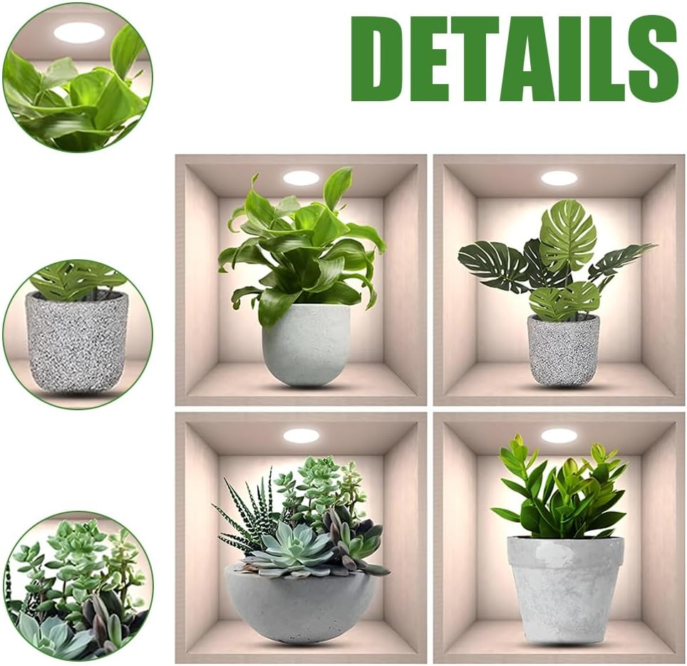4 Pcs Green Pot Plants Leaves Wall Decals, 3D Bonsai Plant Wall Sticker, Living Room Dining Room Bedroom Decor, 30 * 30Cm, Peel and Stick image number 5