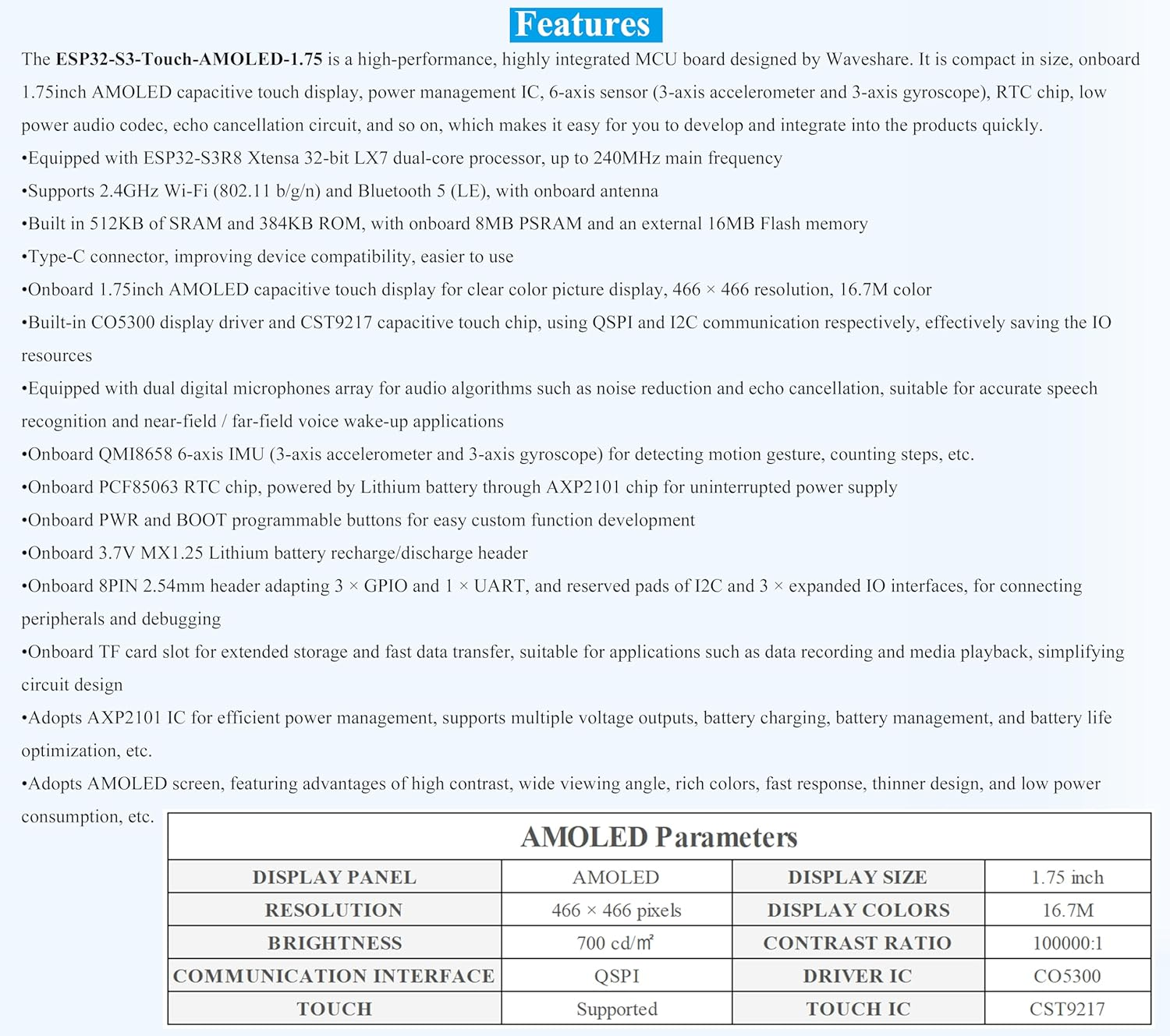 ESP32-S3 with 1.75Inch AMOLED round Touch Display Development Board, 466X466, QSPI Interface, Onboard Dual Digital Microphone Array, Support AI Speech Interaction, with 8&Omega; 2W Speaker and Case image number 5