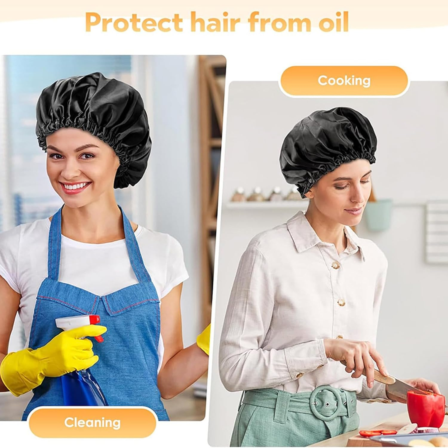 Shower Cap 1 Black Adjustable One-Size Cap with Waterproof Design. This Adjustable Shower Cap Fits Long Hair, Braids, Curly Hair&mdash;Suitable for Women, Men. Reusable, Practical for Daily Showers. image number 3