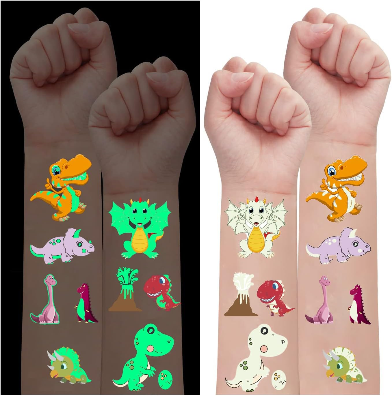 BUYLONG Dinosaur Temporary Tattoos Glow in the Dark Dinosaur Stickers, Temporary Face Sticker Set, Face Makeup Fake-S Tattoos, Birthday Party Supplies Decorations (108 Kinds of Glow) image number 6