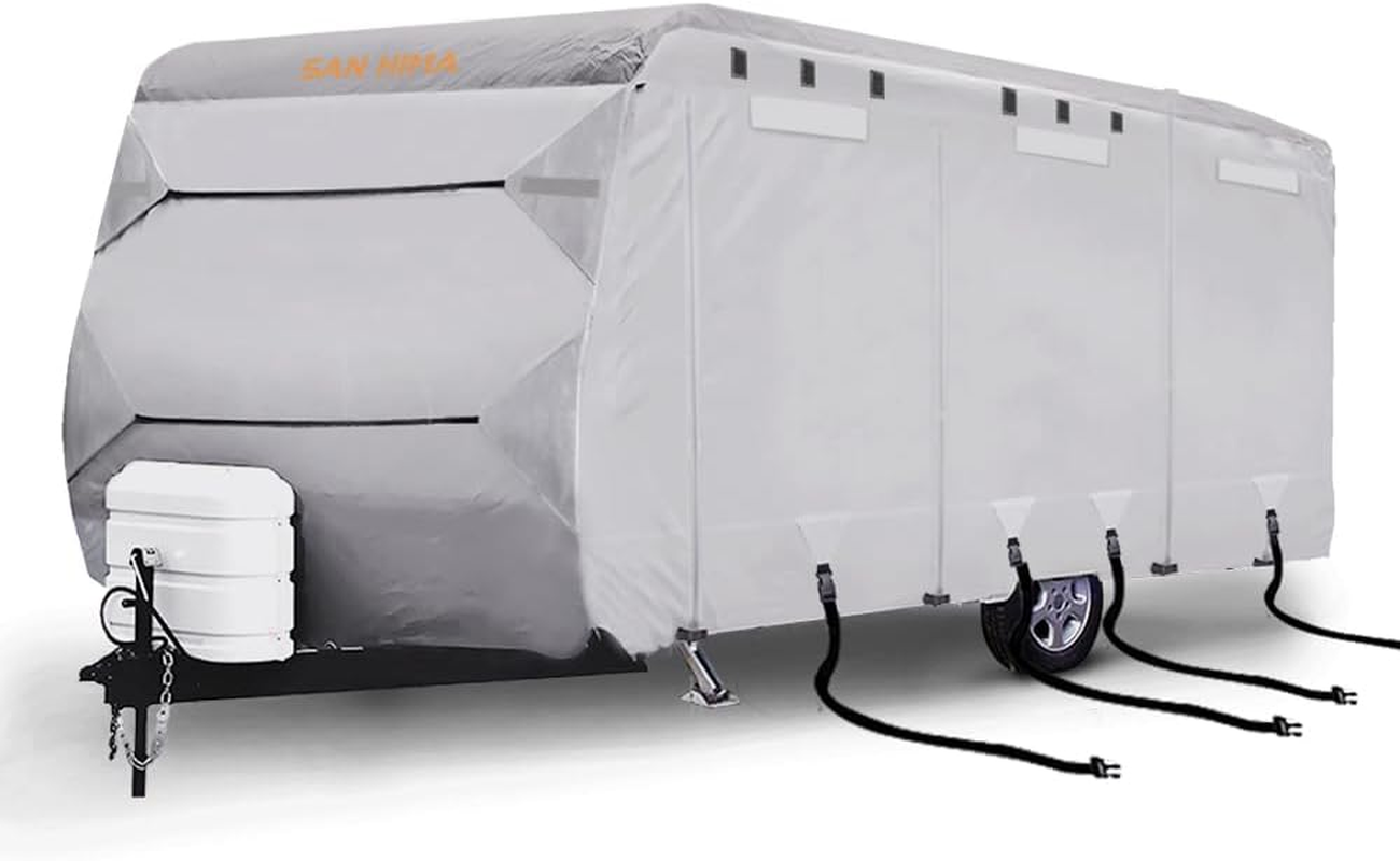 San Hima Caravan Cover 16-18Ft, 300D 4 Layer Waterproof Windproof Anti-Uv Soft Interior Travel Trailer RV Camper Motorhome Cover with Reflective Strips & Carry Bag image number 1