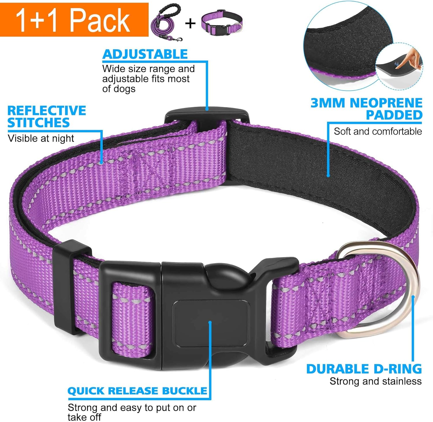 Reflective Dog Collar Padded with Soft Neoprene Breathable Adjustable Nylon Dog Collars for Small Medium Large Dogs (X-Small (Pack of 1), Purple Collar+Leash) image number 2