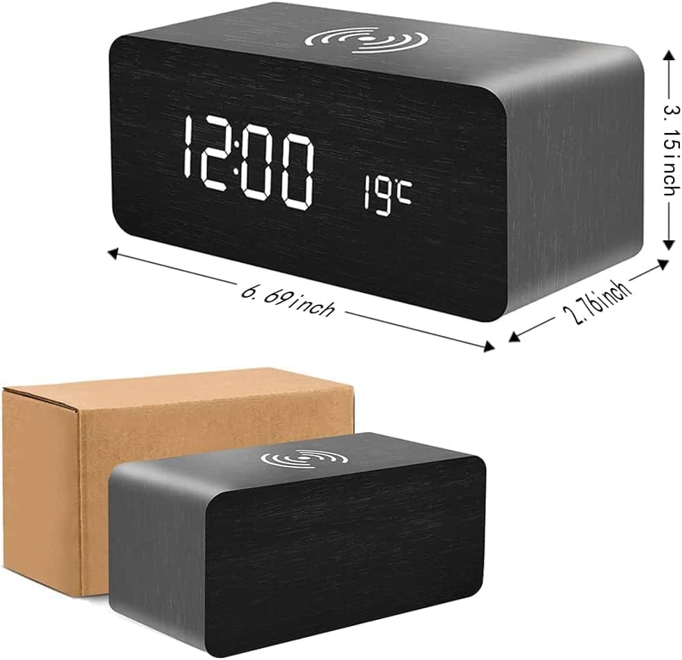 Wooden Digital Alarm Clock with Wireless Charging, 3 Alarms LED Display, Sound Control and Snooze Dual，Adjustable Brightness, Time Temperature (Black) image number 4