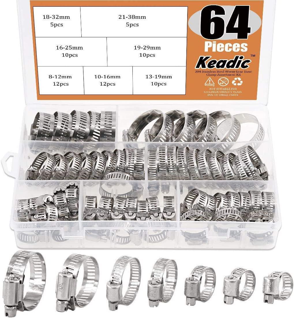 Keadic 64Pcs Adjustable [8 to 38Mm] Diameter Range Fuel Line Clips Worm Gear Hose Clamp Assortment Kit for Various Pipes Automotive Mechanical Use - 304 Stainless Steel image number 6