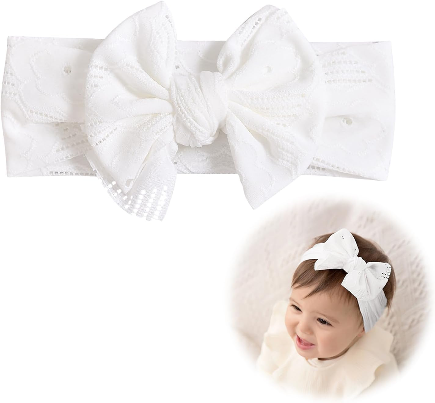 Baby Girls Headbands White Stretchy Knitted Bow with Wide Edge Newborn Toddler Hair Bands and Bows Kids Hair Accessories Soft image number 4