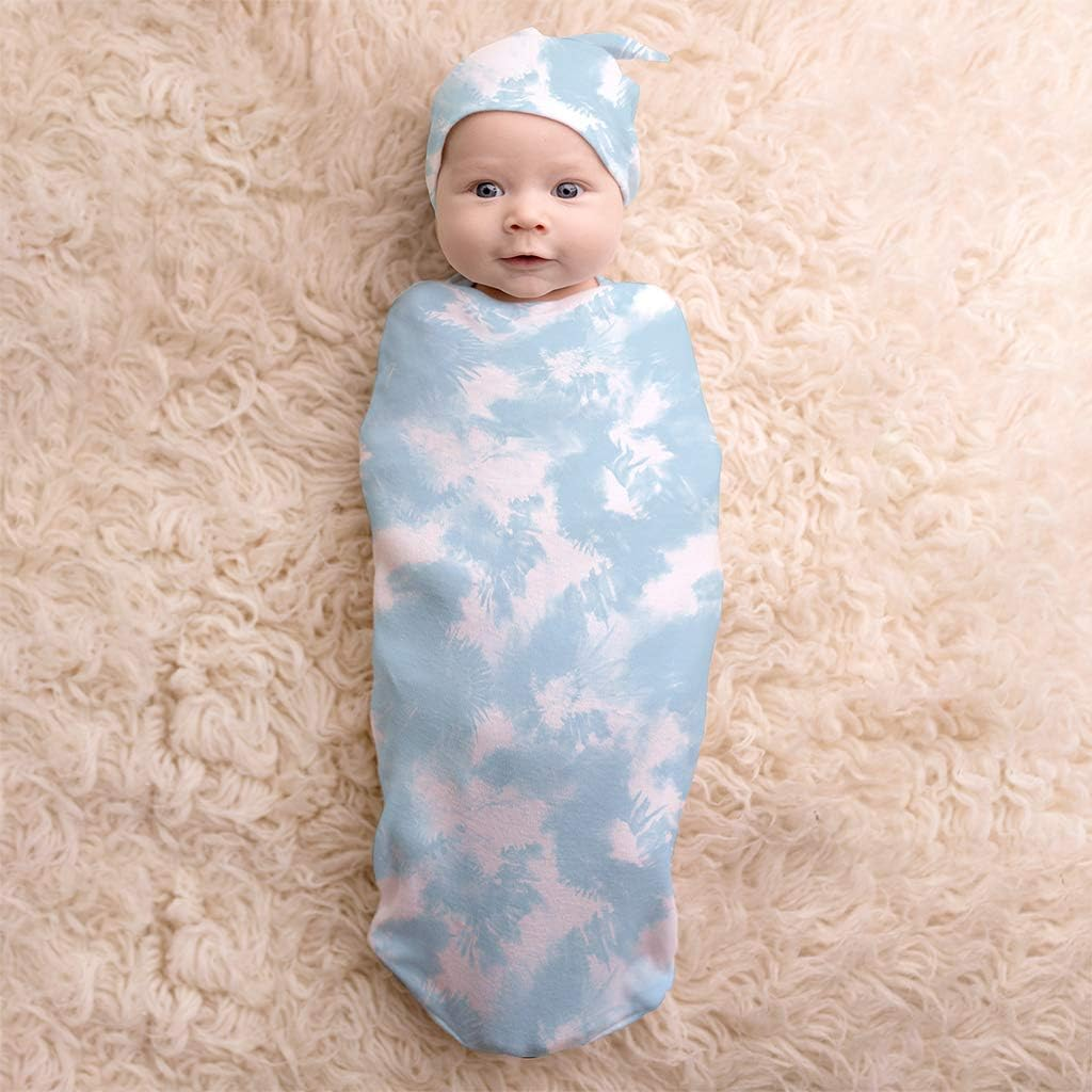 Itzy Ritzy Cocoon & Hat Swaddle Set, Cutie Cocoon Includes Name Announcement Card & Matching Jersey Knit Cocoon & Hat Set, Perfect for Newborn Photos, for Ages 0 to 3 Months, Blue Cloud Tie Dye