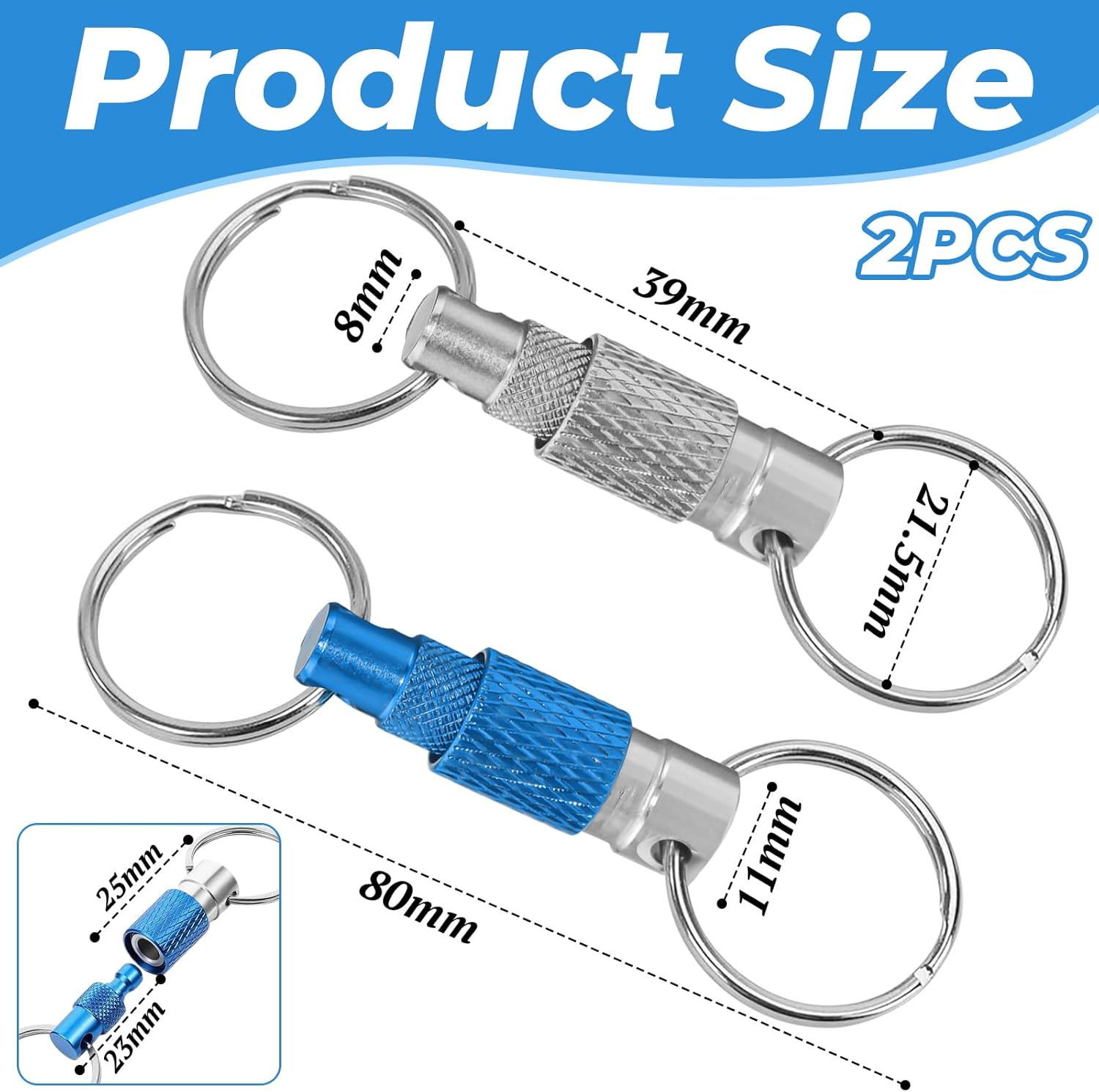 Pack of 2 Quick Release Key Chains, Removable & 360&deg; Rotating Key Ring with 4 Key Rings, Metal Key Organiser in Dark Blue & Silver for Car, Home, Men and Women