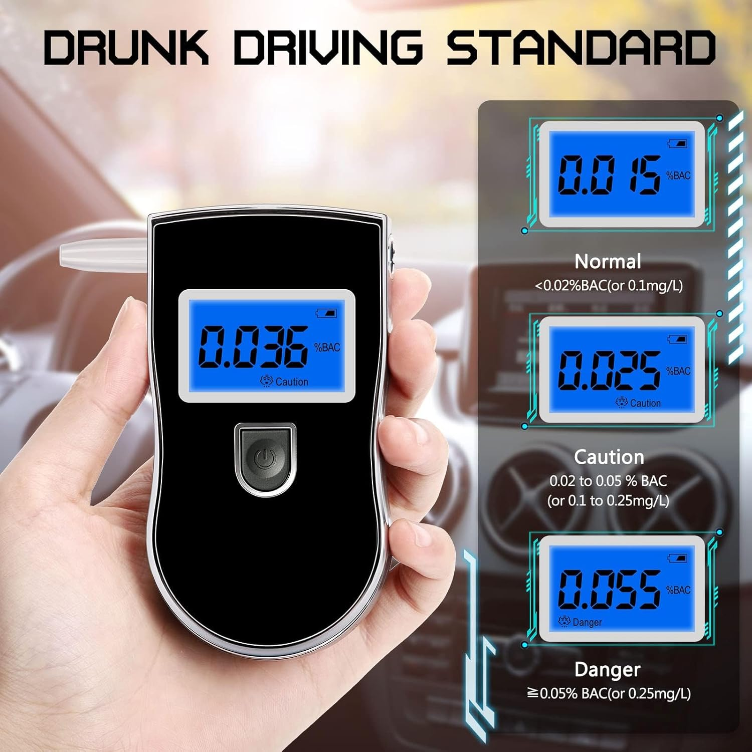 Alcohol Breathalyzer, Professional Grade Accuracy Alcohol Breath Tester for BAC Testing, Portable Blood Alcohol Tester with 5 Mouthpieces & Digital Blue LCD Display for Personal Home Use Black image number 3
