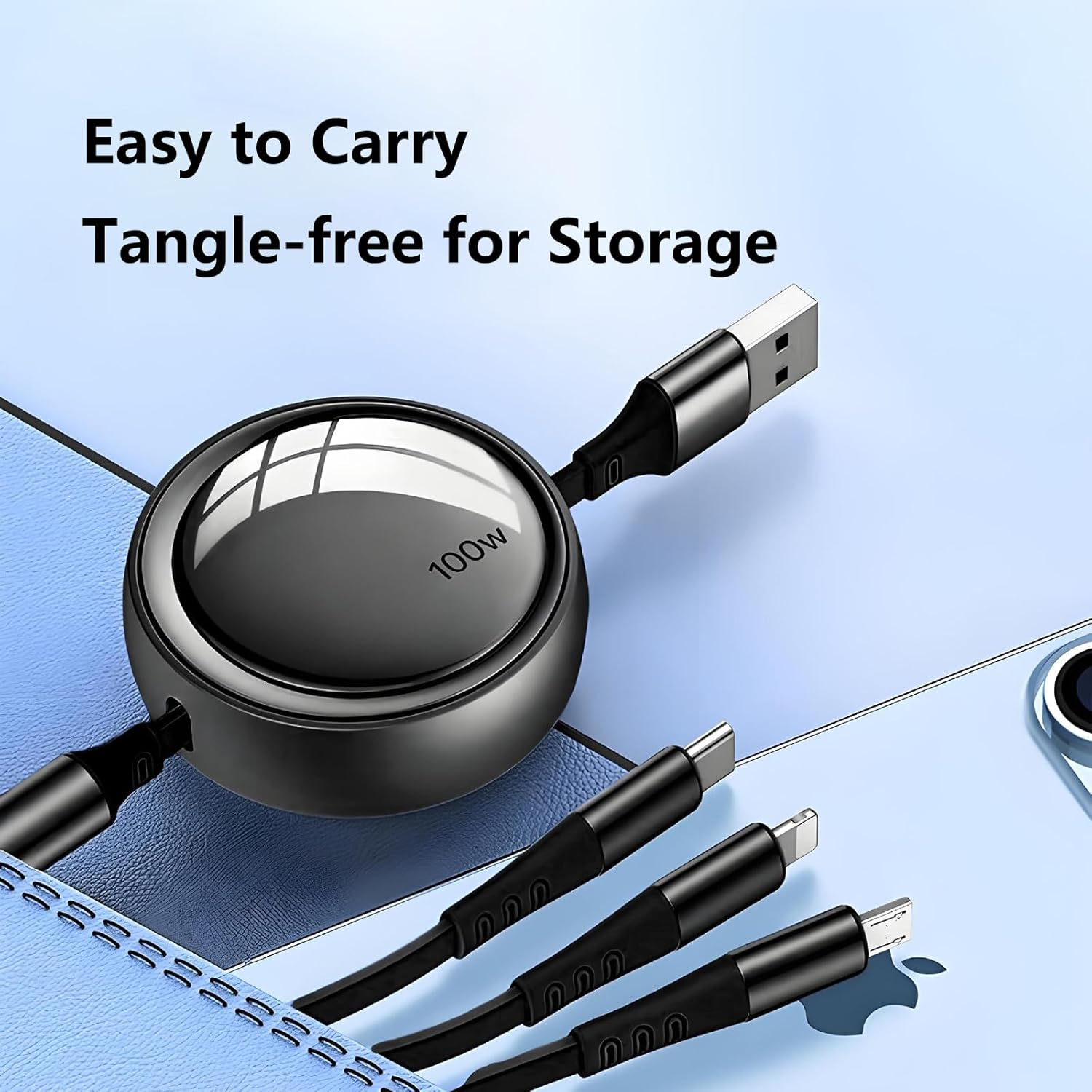 AMITOME 100W Retractable Multi 5 in 1 Fast Charging Cable,Usb A/USB C Cord with IP Port/Usb C/Micro USB Mfi Certified Charging Cord Compatible with Iphone 17 16 15 14 13 plus Pro Max Macbook-White