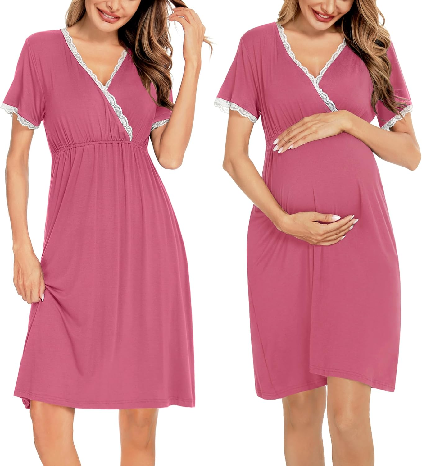 SWOMOG Women 3 in 1 Delivery/Labor/Nursing Nightgown Short Sleeve Pleated Maternity Sleepwear for Breastfeeding