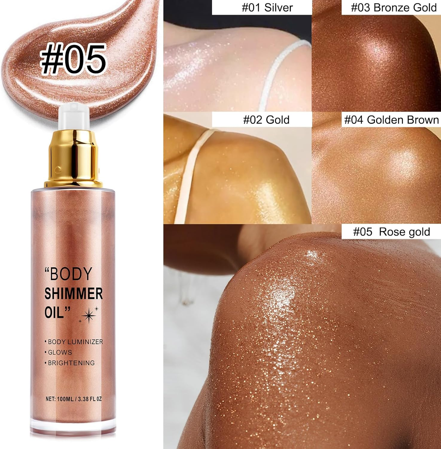 Shimmer Body Oil, Rose Gold Natural Glow Luminizer, Long Lasting Moisturizing Body Glow Oil for Glow Skin, Luminizer Brighten, All Skin Types 100Ml image number 3