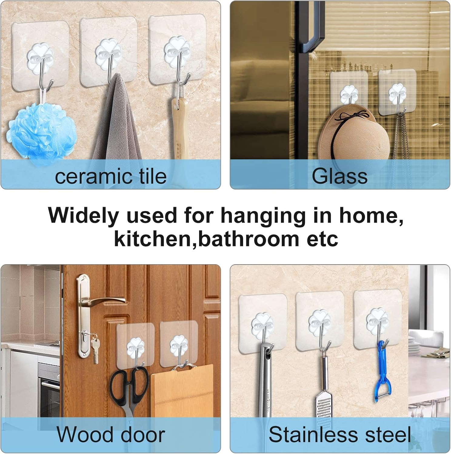 20 Packs Self Adhesive Wall Hooks Heavy Duty 22Lb(Max), Waterproof Transparent Wall Hooks for Hanging Sticky Hooks Wall Hangers for Door Bathroom Shower Kitchen Outdoor Utility Hooks Hanger image number 2