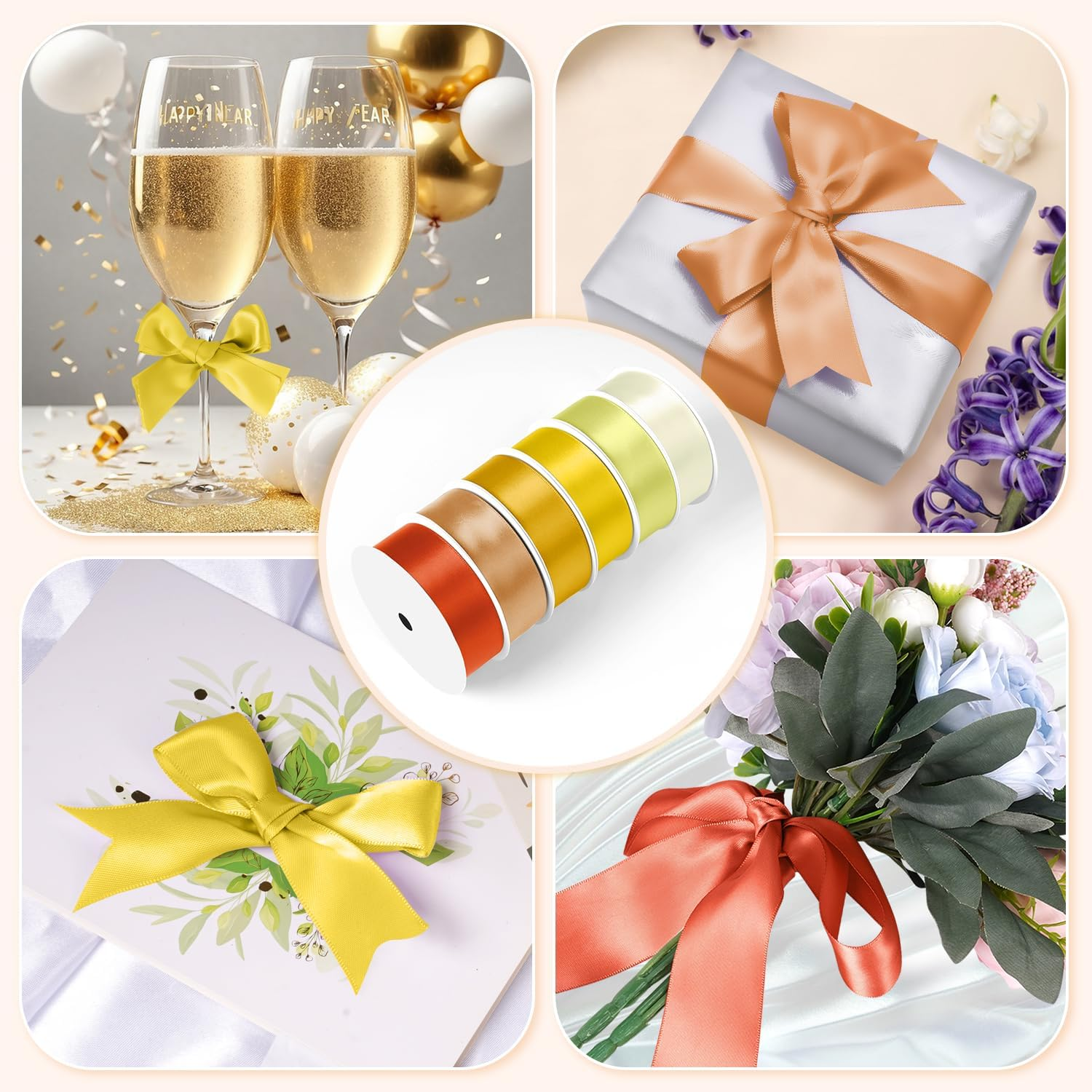 Satin Ribbon 1 Inch Fabric Ribbon, Yellow Ribbon Assortment Double Faced Ribbon for Gift Wrapping Flower Bouquet Wedding Party Decoration Hair Bows DIY Crafts- 10 Yards/Roll, Total 60Yds image number 7