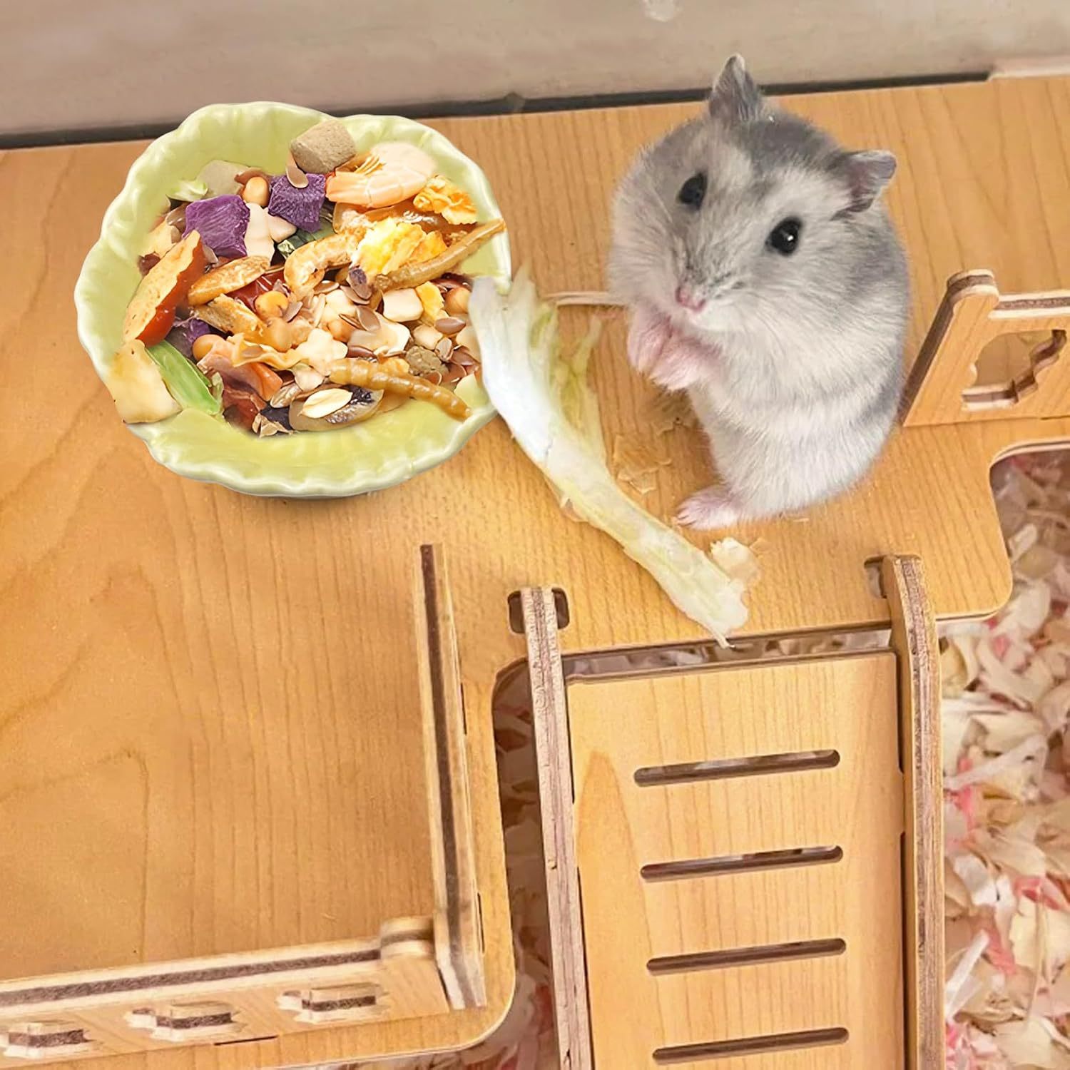 Small Ceramic Hamster Bowl, Easy to Clean anti Flipping Hamsters Food and Water Bowl, Small Animal Bowls for Dwarf Hamster, Parrots (Yellow+Green, S,2Pcs) image number 3