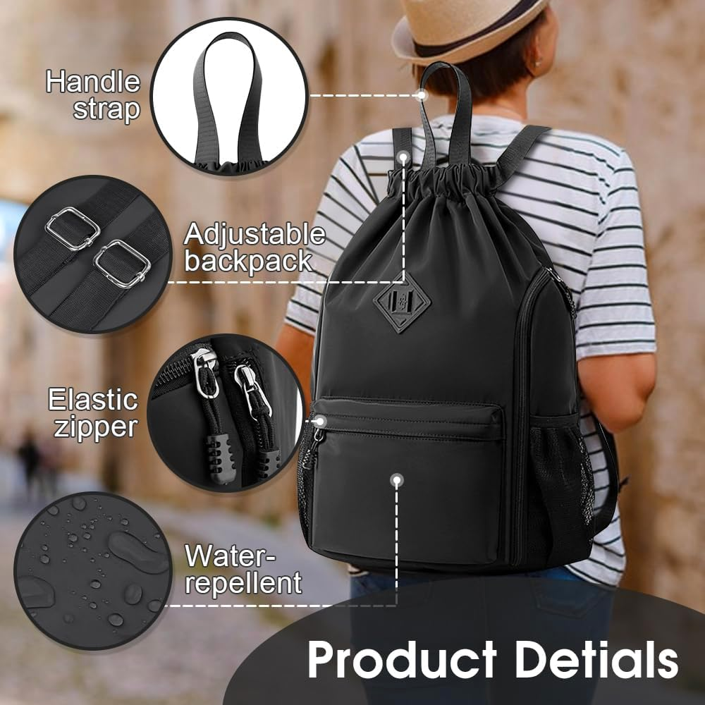 Sonicefit Drawstring Backpack Sports Gym Bag, Water-Resistant String Bag Cinch Bag with Shoe Compartment & Side Pockets for Adults Kids, Lightweight Sackpack for Yoga Beach Swimming Travel - Grey image number 7