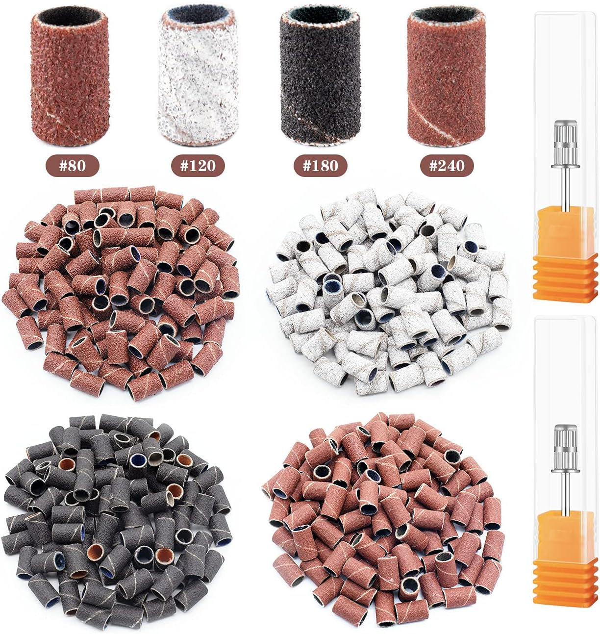 Rolybag Sanding Bands for Nail Drill 240 Pieces 3 Color Coarse Fine Grit Efile Sand Set 80#120#180#240#,2 Pieces 3/32 Inch Nail Drill Bits for Manicures and Pedicures