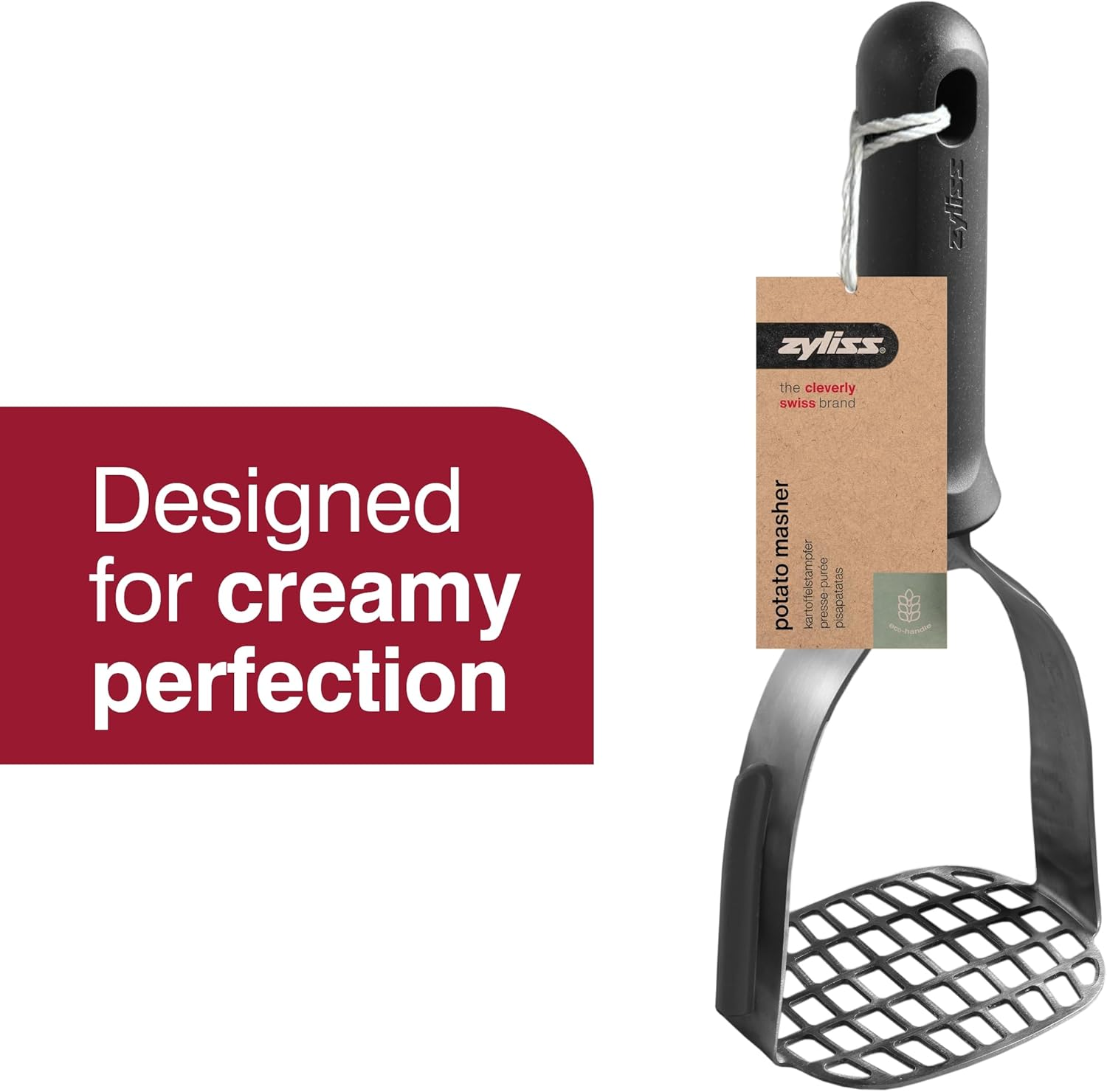 Zyliss Potato Masher - Stainless Steel, Soft-Touch Handle, Integrated Hanging Hook, Silicone Bowl Scraper, Small Inner & Larger Outer Holes, Ideal for Preparing Smooth and Creamy Mashed Potatoes, Grey image number 2