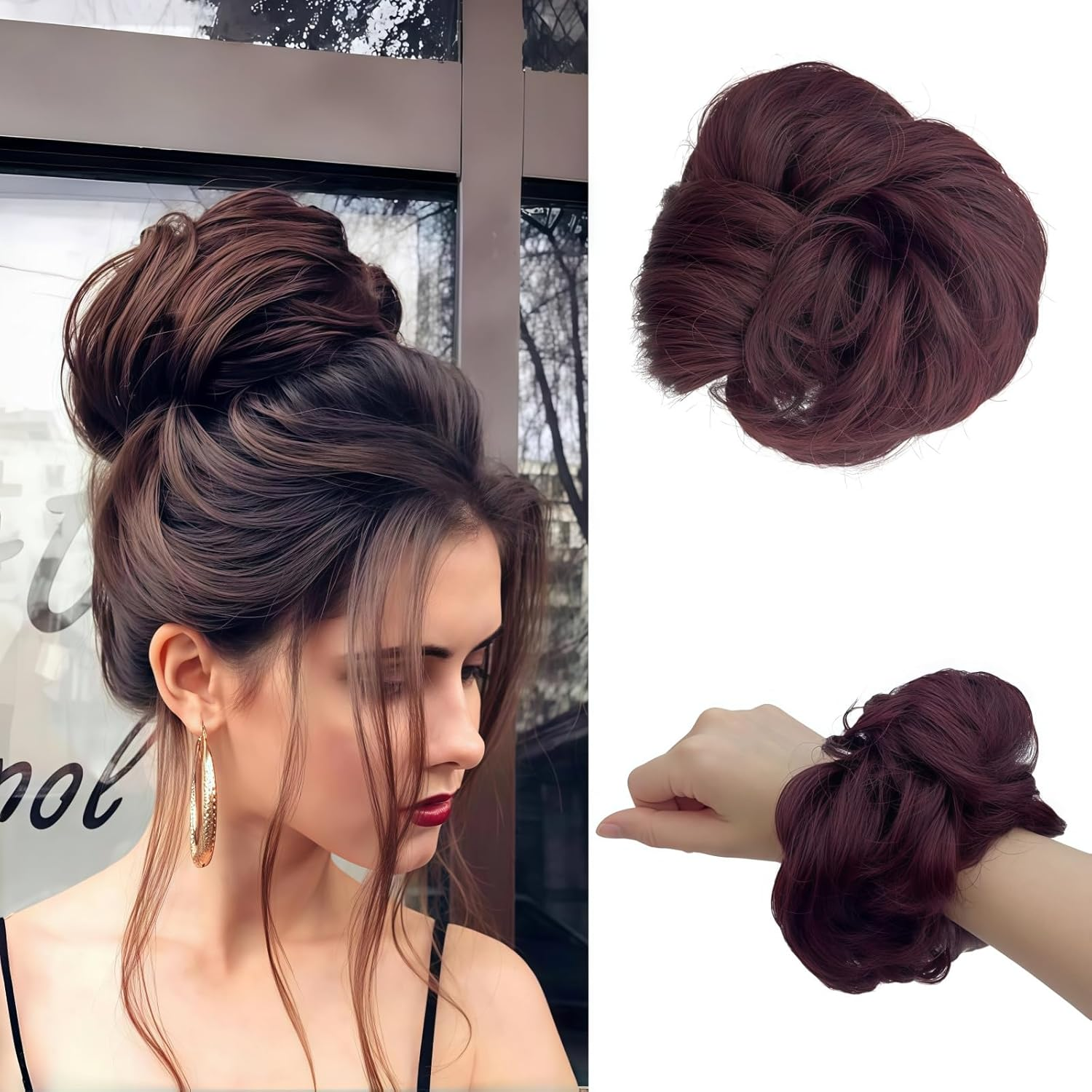 YUESUO 1PCS Messy Bun Hair Pieces Wavy Curly Scrunchies Synthetic Chignon Hair Extensions Updo Hairpieces for Women Girls (Light Brown) image number 2