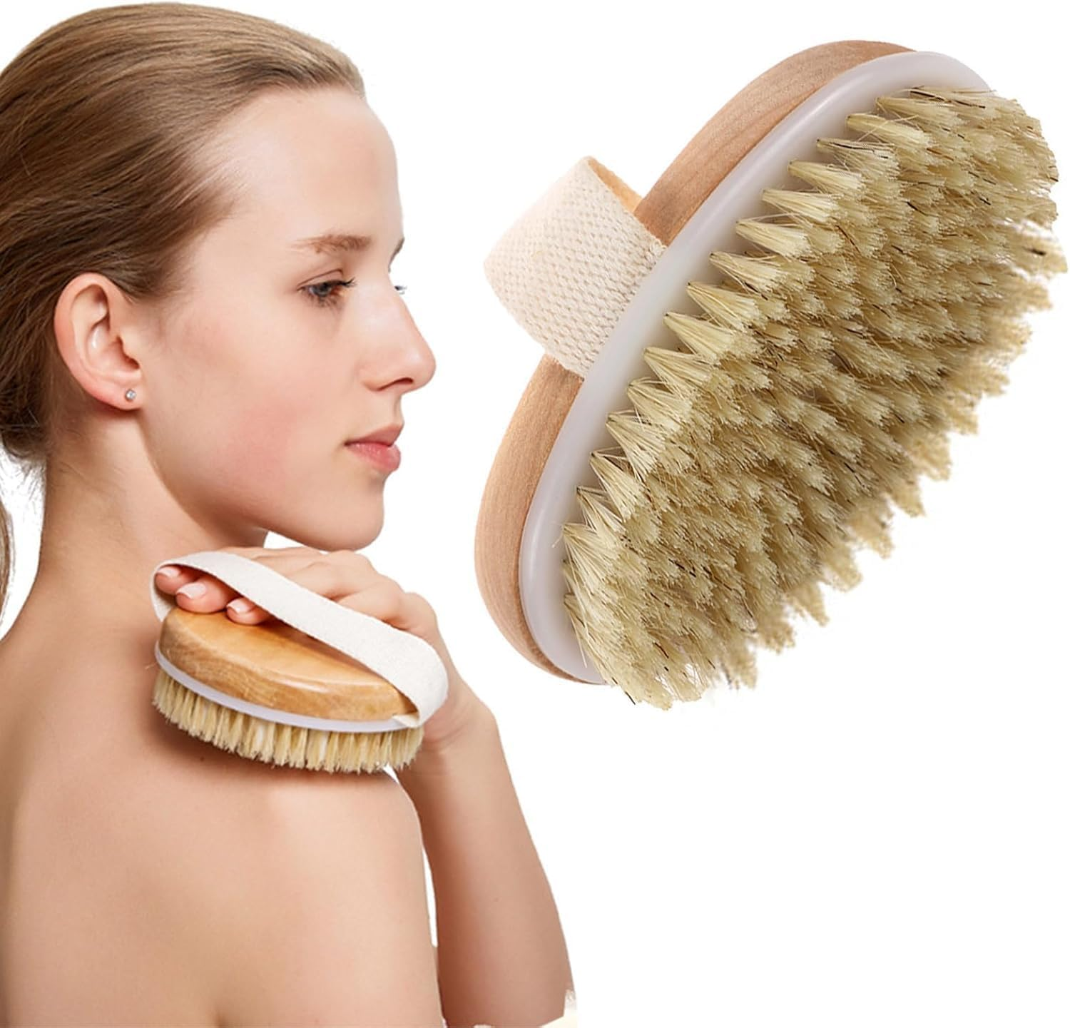 Oval Wood Dry Brushing Body Brush, 2Pcs Oval Exfoliating Bath Massage Brushes, Oval Natural Bristle Body Brush for Dry Brushing image number 1