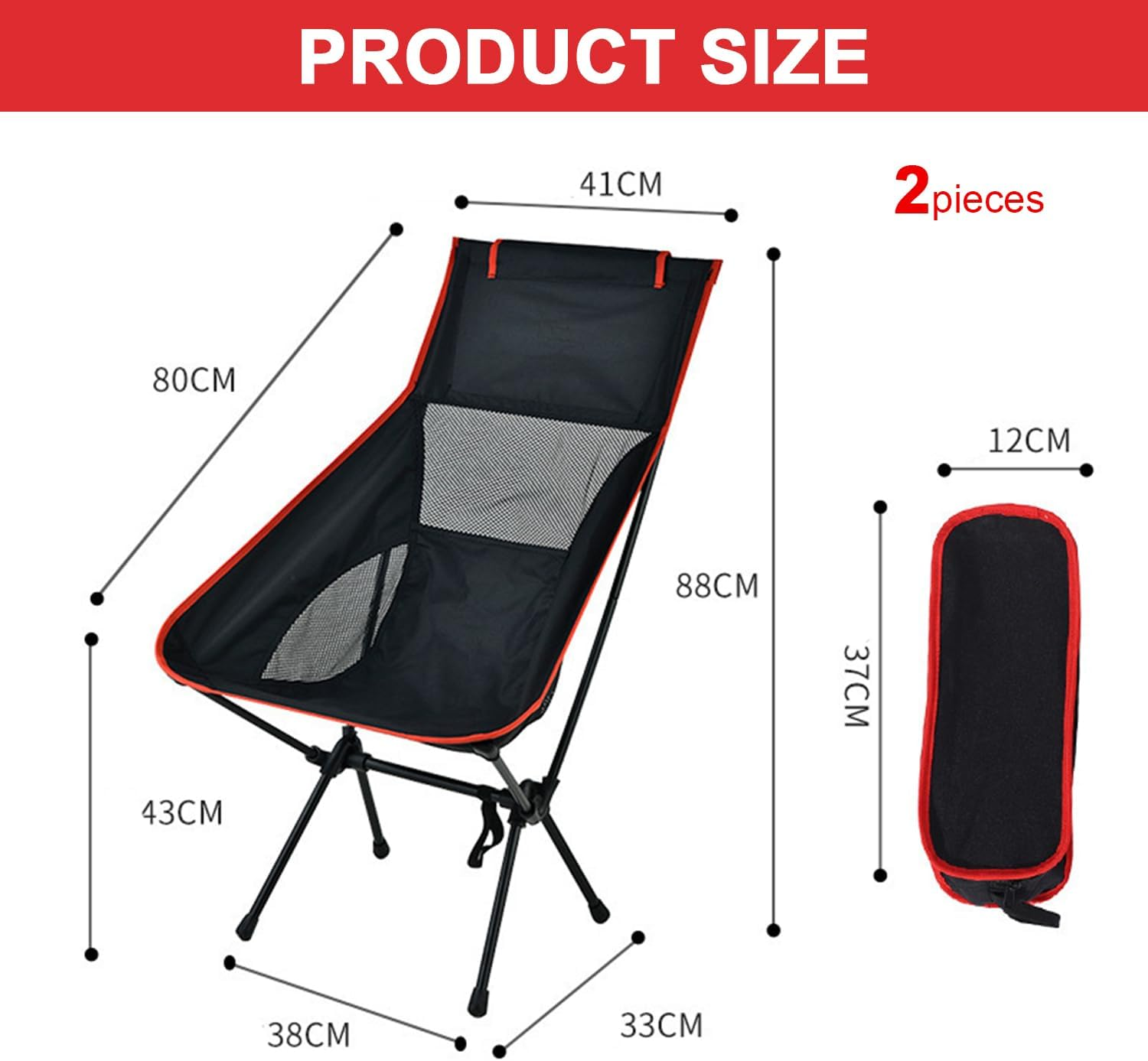2 Camping Folding Chair, Outdoor Beach Folding Chair, Portable Moon Chair, Space Chair, Camping Fishing Chair, Hiking Chair with Carrying Bag (Black, Large) image number 6