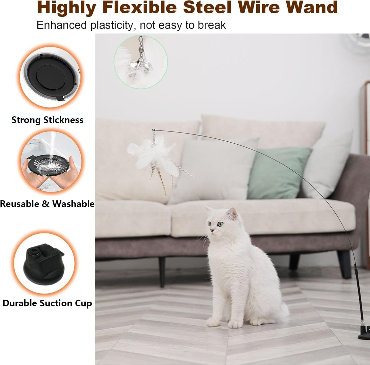 Idopick 10 Pcs Cat Toys for Indoor Cats,Interactive Suction Cup Cat Toys for Bored Indoor Adult Cats Teaser Cat Toys, 1 Flexible Steel Wire and 10 Pcs Replacement Feather Refills with Bell