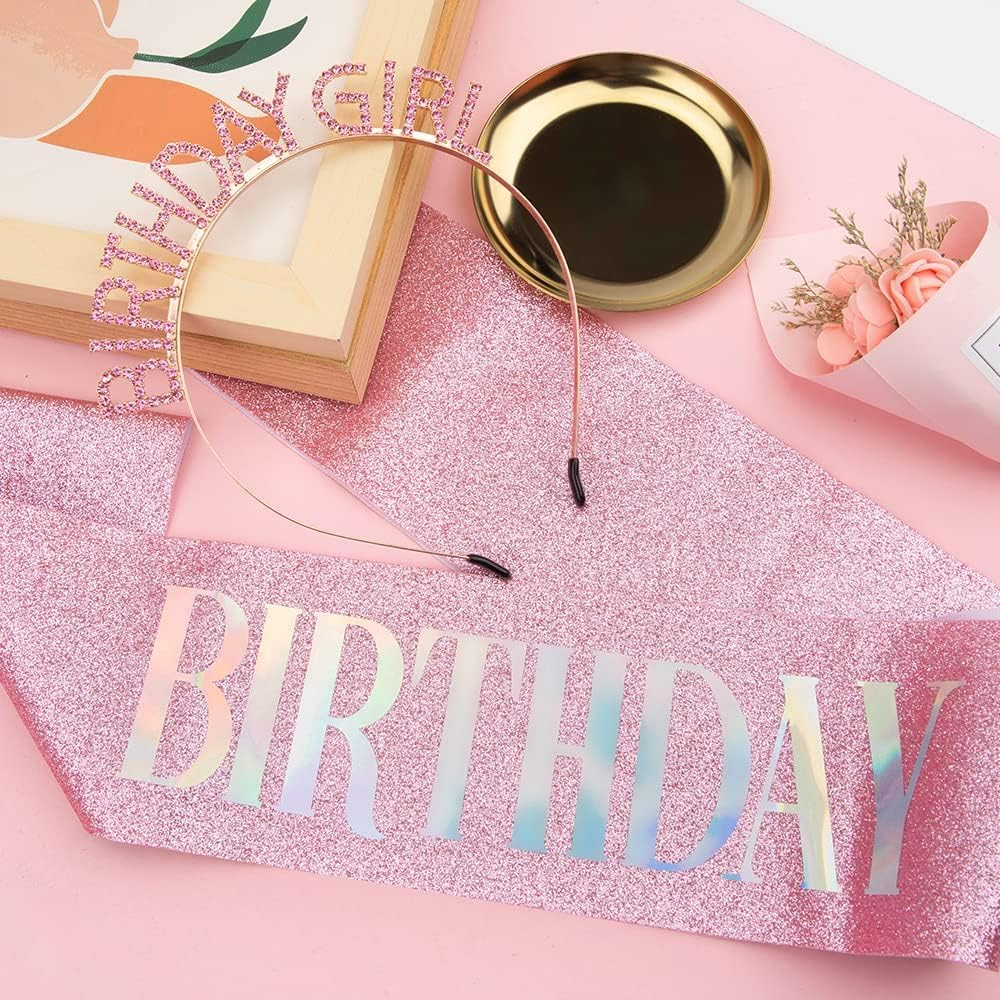 Birthday Girl Sash Crown Set - Sparkling Rhinestone Tiara for Women, Girls Party Birthday Gifts for Sister, Bestie, Daughter Princess Birthday Decor Accessories (Pink)