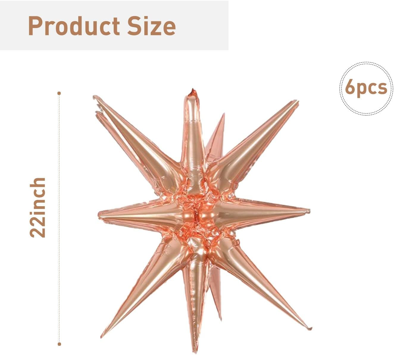 6 Pcs Rose Gold Star Foil Balloons One-Piece 14-Pointed Star Balloons 4D Starburst Cone Mylar Balloons 22Inch Christmas Birthday Wedding Wedding Anniversary Party Supplies(Rose Gold) image number 3