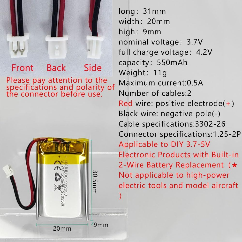 DC 3.7V 550Ma 902030 Rechargeable Lithium Polymer Battery for DIY 3.7-5V Electronic Product, Mobile Energy Storage Power Supply LED Light image number 6