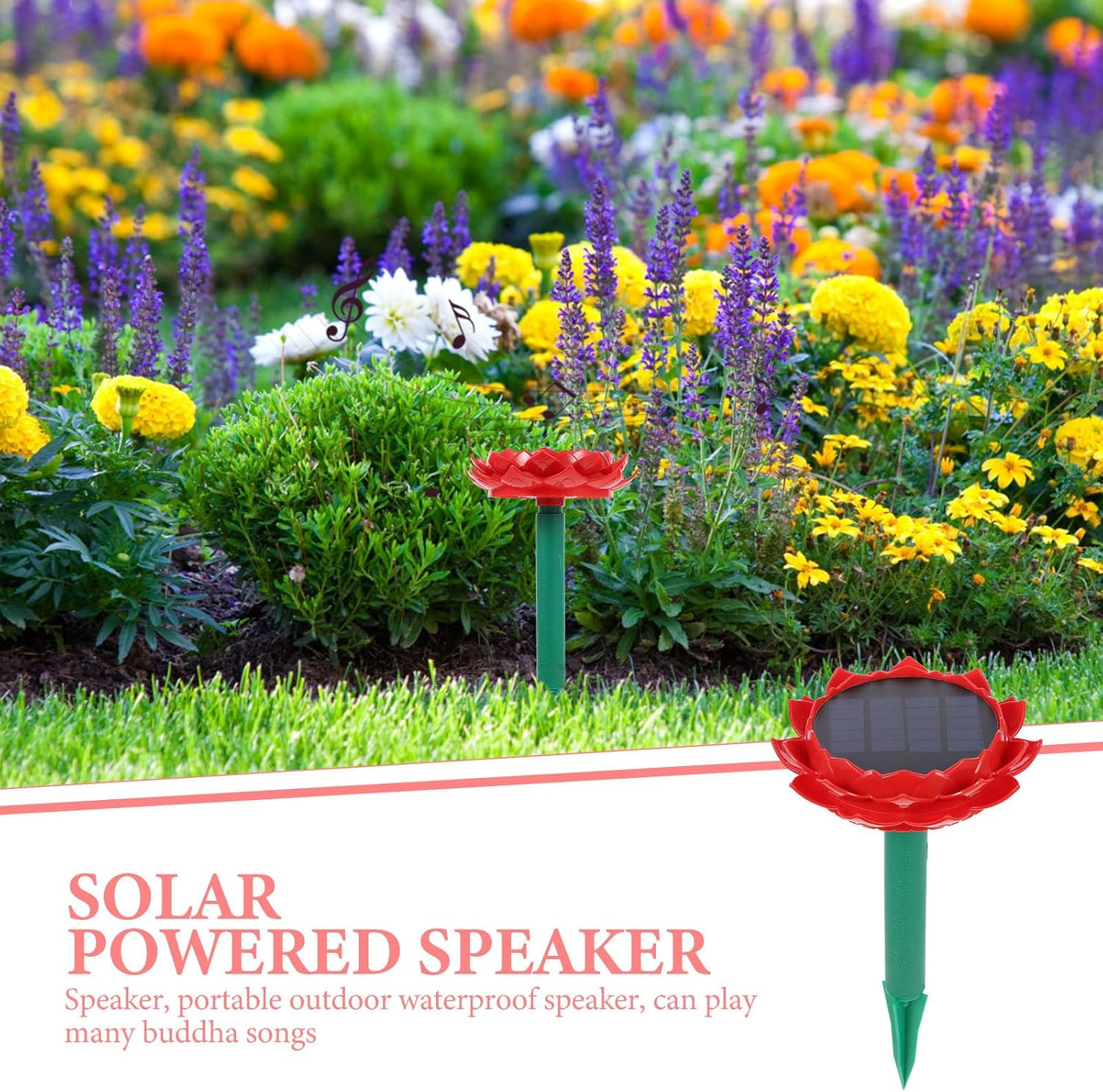 GARIOUANS Solar-Powered Waterproof Lotus Shape Outdoor Music Speaker Portable Music Player for Garden and Yard Use, Compatible DC5.0V