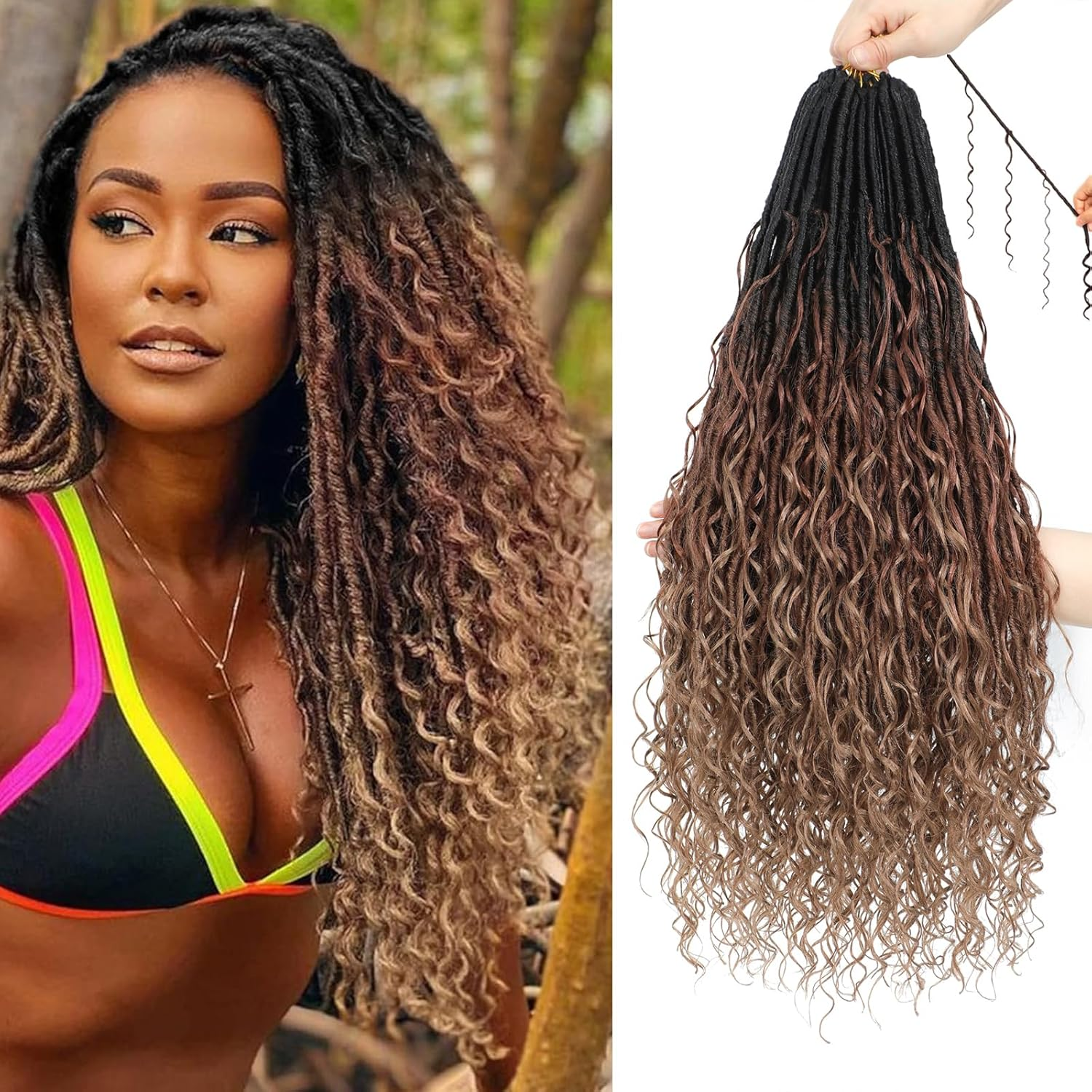 XIIMENALU Boho Faux Locs Crochet Hair 8 Packs Goddess Soft Locs with Curly Ends Pre-Looped Bohemian River Locs Crochet Hair Extensions for Black Women (1B#, 30 Inches (Pack of 8))