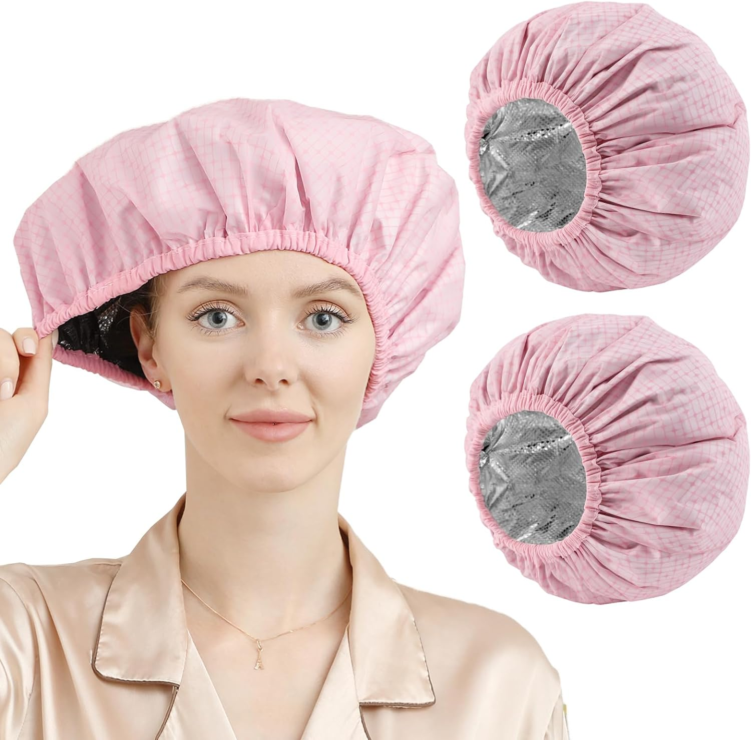 YIZIJIZI 2 Pieces Heat Cap for Deep Conditioning, Conditioning Cap Made of Aluminum Foil for Home and Salon Use, Hair Dyeing（White Pink）