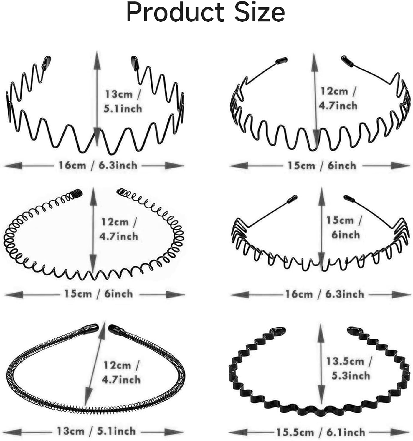 LMXMGRG 6 Pcs Metal Hair Band for Men Unisex Wavy Headbands Outdoor Sports Headbands Hair Bands Unisex Black Elastic Non Slip Headwear Accessories