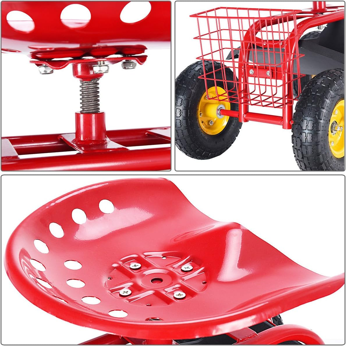 Giantex Rolling Garden Work Seat, 360 Swivel Gardening Workseat with Wheels, Tool Basket, Adjustable Height, Outdoor Scooter for Sitting, Gardening Stool Chair for Planting Trimming, Red image number 4