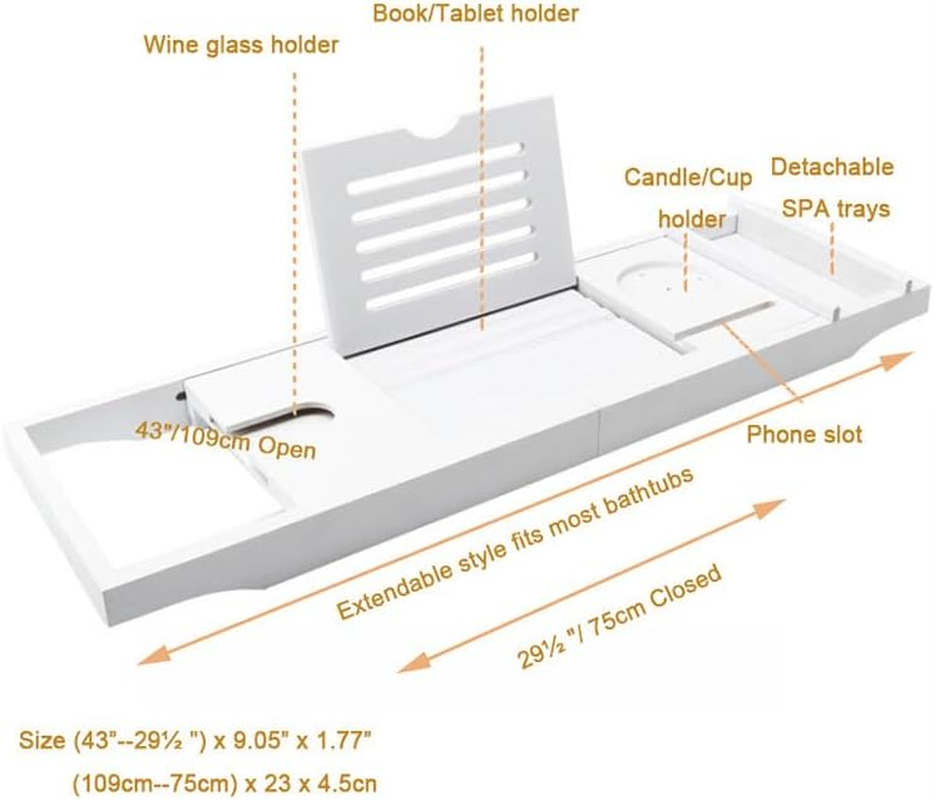 Tootoo Expandable Bathtub Caddy Tray Bamboo Bath Table over Tub with Wine & Book Holder