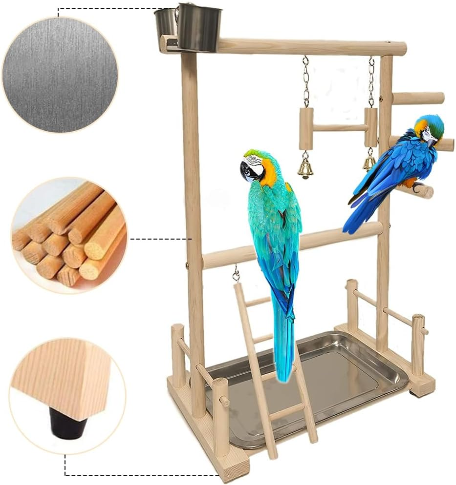 Bird Playground Parrot with Feeding Cup, Natural and Safe Wooden Swing Climbing Ladder, Stainless Steel Basin Parrot for Home Room Desktop image number 5