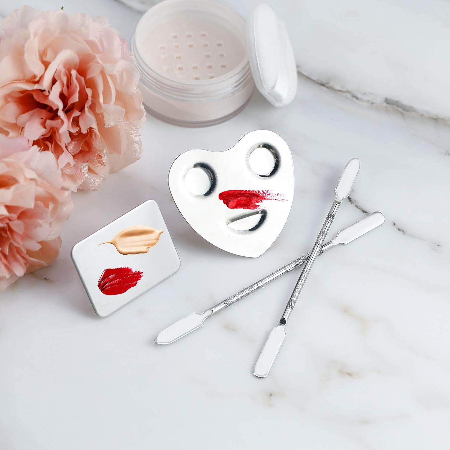 LONGWAY 2 Pieces Makeup Cosmetic Palettes with Finger Rings,Nail Art Polish Holder Stainless Steel Mixing Palette Ring Nail DIY Art Design Paint Color Mixing Paint Manicure Tool with Spatula image number 6