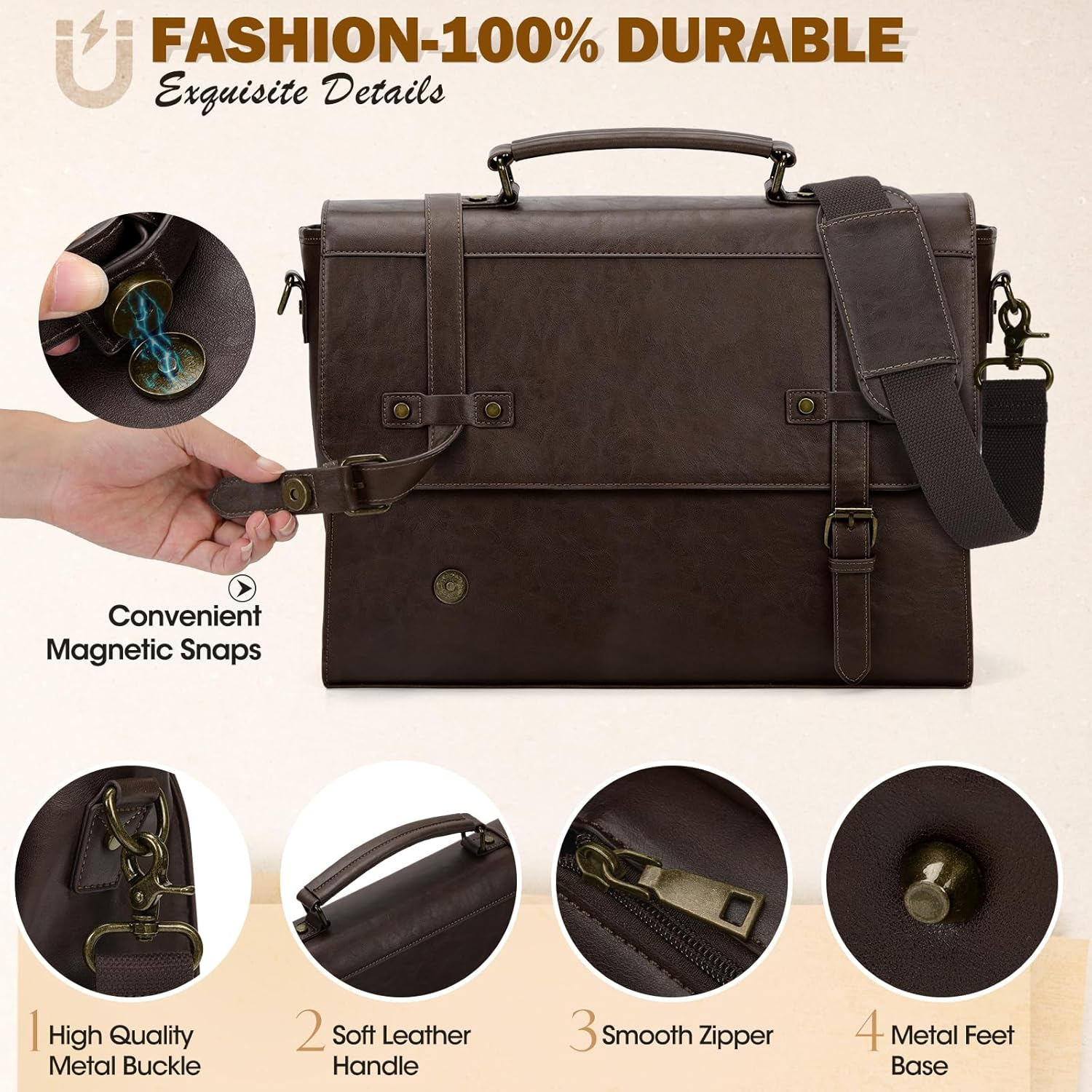 Mens Messenger Bag 17 Inch Waterproof Vintage Leather Laptop Briefcase Large Laptop Bag Satchel Bag Computer Shoulder Bag - Coffee image number 6