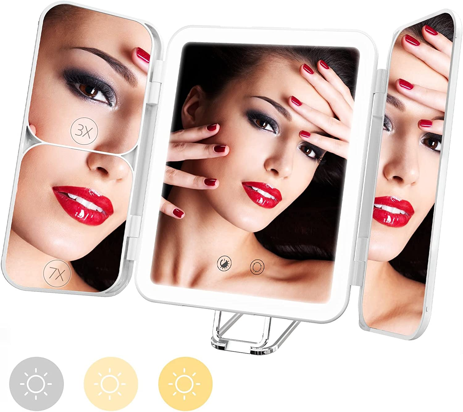 Sejoy Travel Lighted Makeup Mirror, 1X/3X/7X Magnifying Mirror with Lights, 3-Color Light Trifold Vanity Mirror, Adjustable Brightness, Rechargeable, for Tabletop, Bathroom, White
