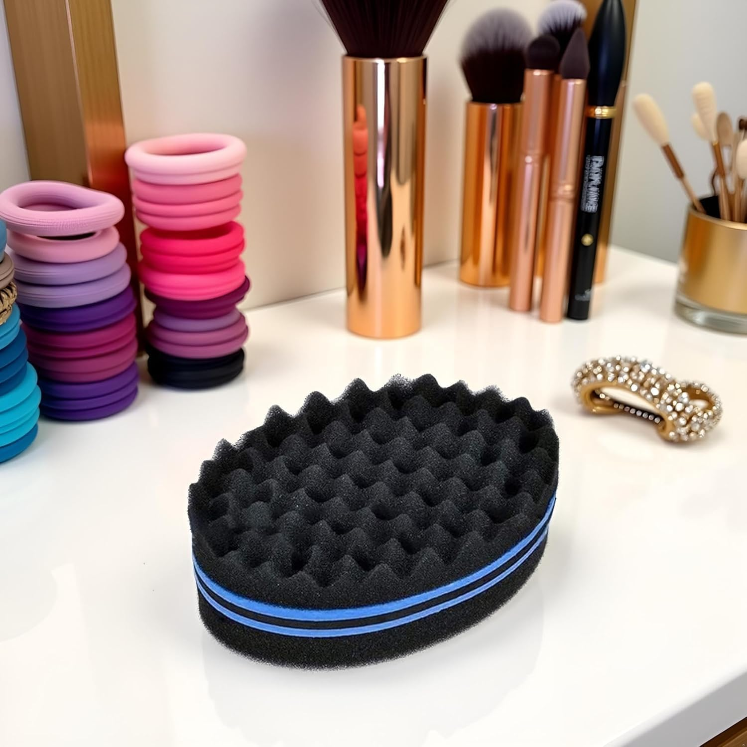 1Pc Black Magic Barber Sponge Brush Curl Twist Hair Sponge Big Holes Double-Sided Comb Twist Hair Wave Brush Afro Curling Coil Care Dreads Locking Suitable for Curly Brushes Styling Hairbrushes image number 2