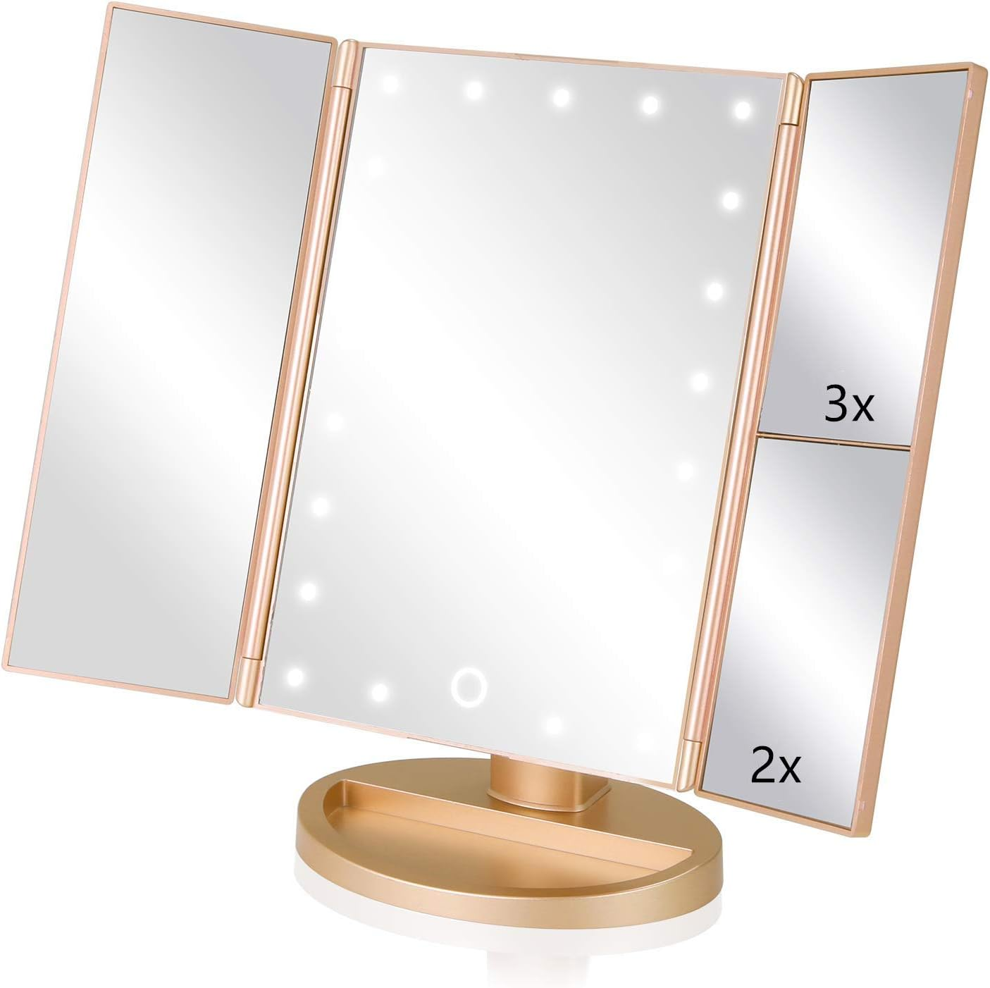 Makeup Vanity Mirror with Lights,1X 2X 3X Magnification, 21Leds Light and Touch Screen,180 Degree Rotation,Dual Power Supply, Portable Trifold Travel Cosmetic Makeup Mirror