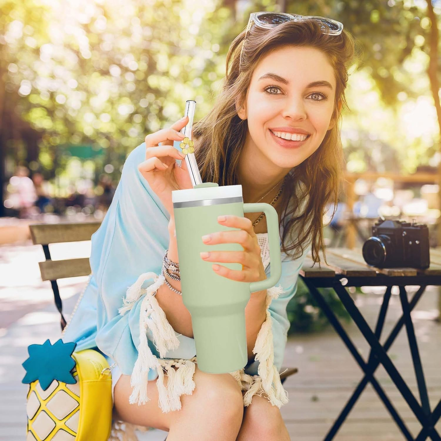 6 Pack Replacement Glass Straws for Stanley 40 Oz 30 Oz Tumbler, Cute Flower Glass Straws with Charms, Stanley Straw with Cleaning Brush Stanleys Cup Accessories - Flower image number 2