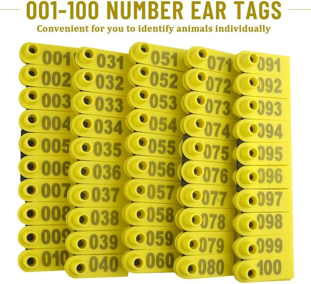 100 Pcs Durable Yellow Livestock Ear Tags Numbered 1-100 with Vibrant Color and Printed Words for Cattle, Sheep, Pigs image number 3