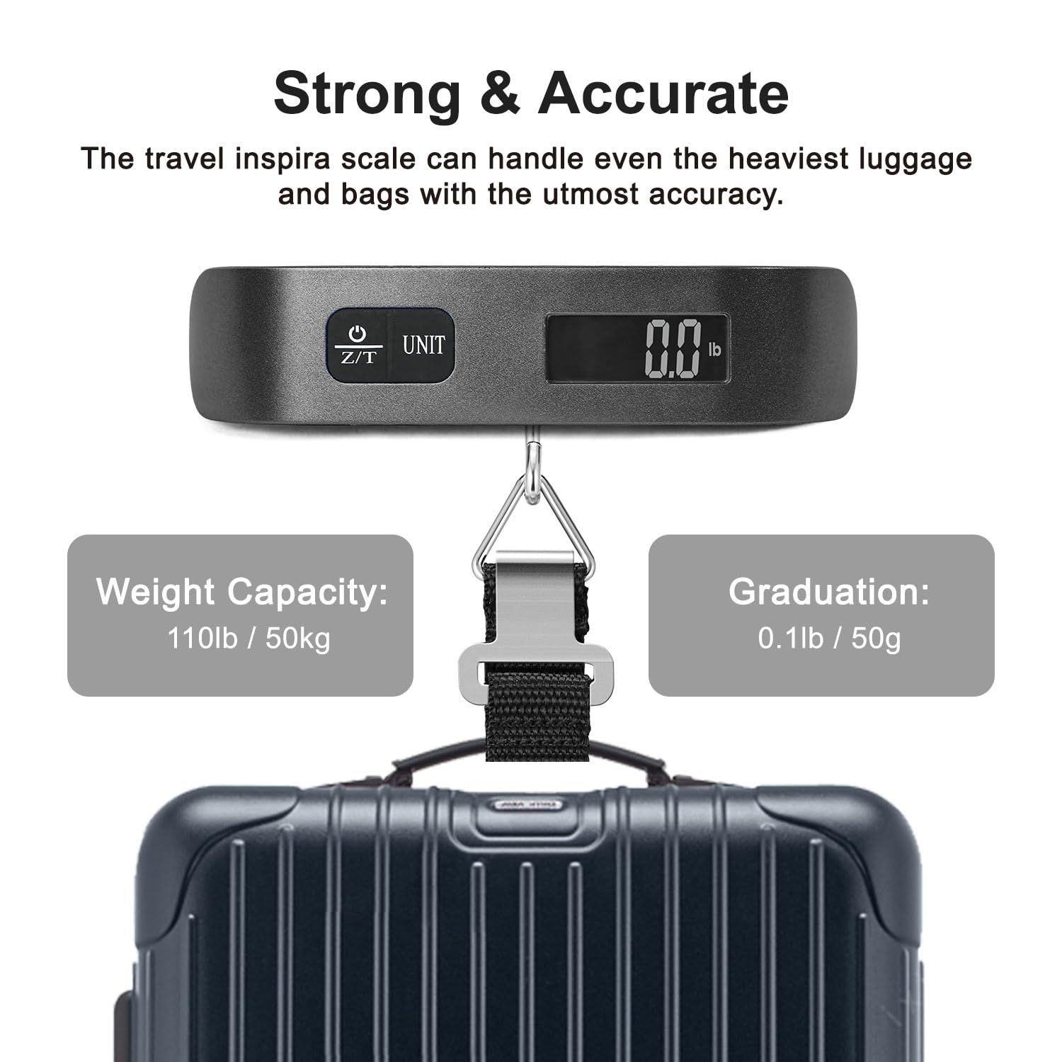 Travel Inspira Luggage Scale, Portable Digital Hanging Baggage Scale for Travel, Suitcase Weight Scale with Rubber Paint, 110 Pounds, Battery Included - Black (Black) image number 6