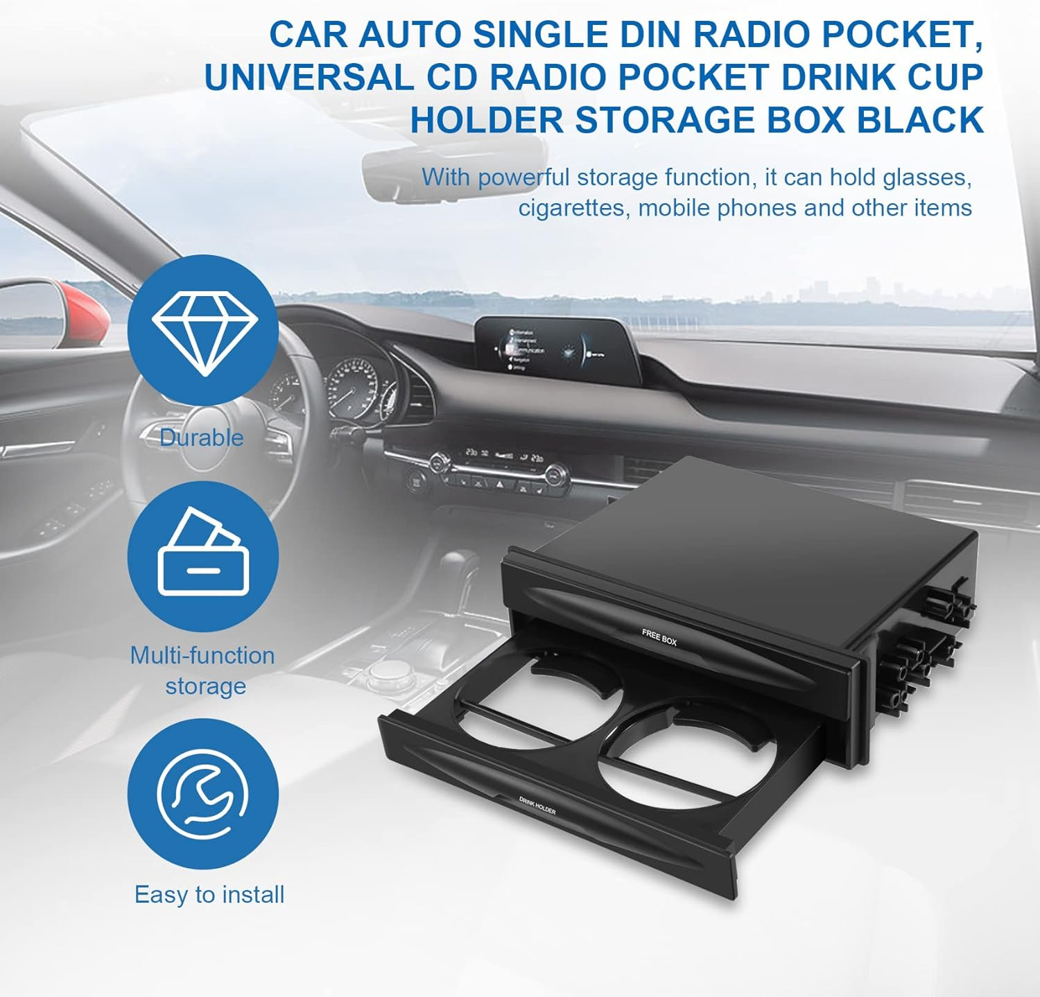 Dovhmoh Car Auto Single Din Radio Pocket, Universal Cd Radio Pocket Drink Cup Holder Storage Box Black image number 2
