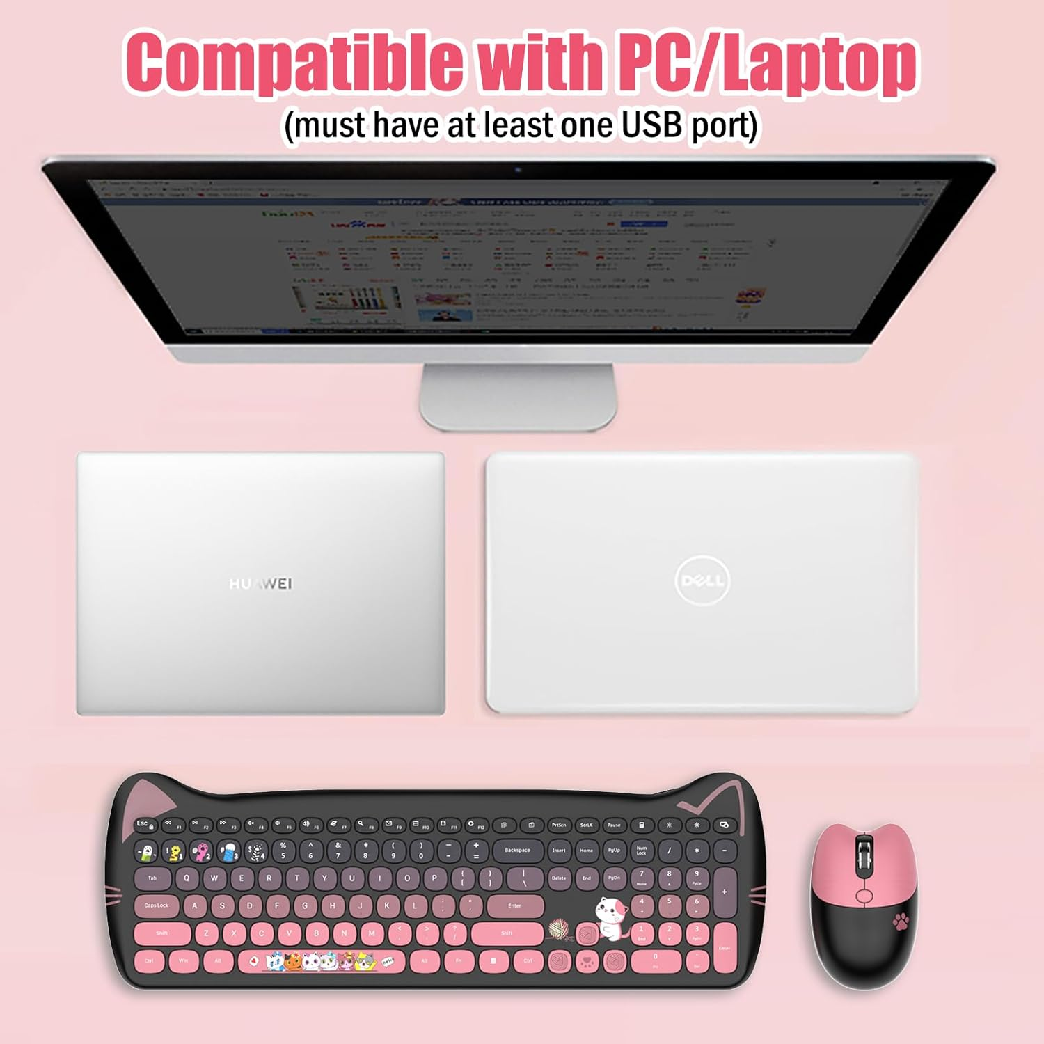 Cute Cat Keyboard and Mouse Combo Wireless, Kawaii Keyboard and Mouse for Girls and Kids, Soundless Colorful Keys, Compatible with Notebook, PC (Blackpink-110Keys) - Green-110Keys image number 5