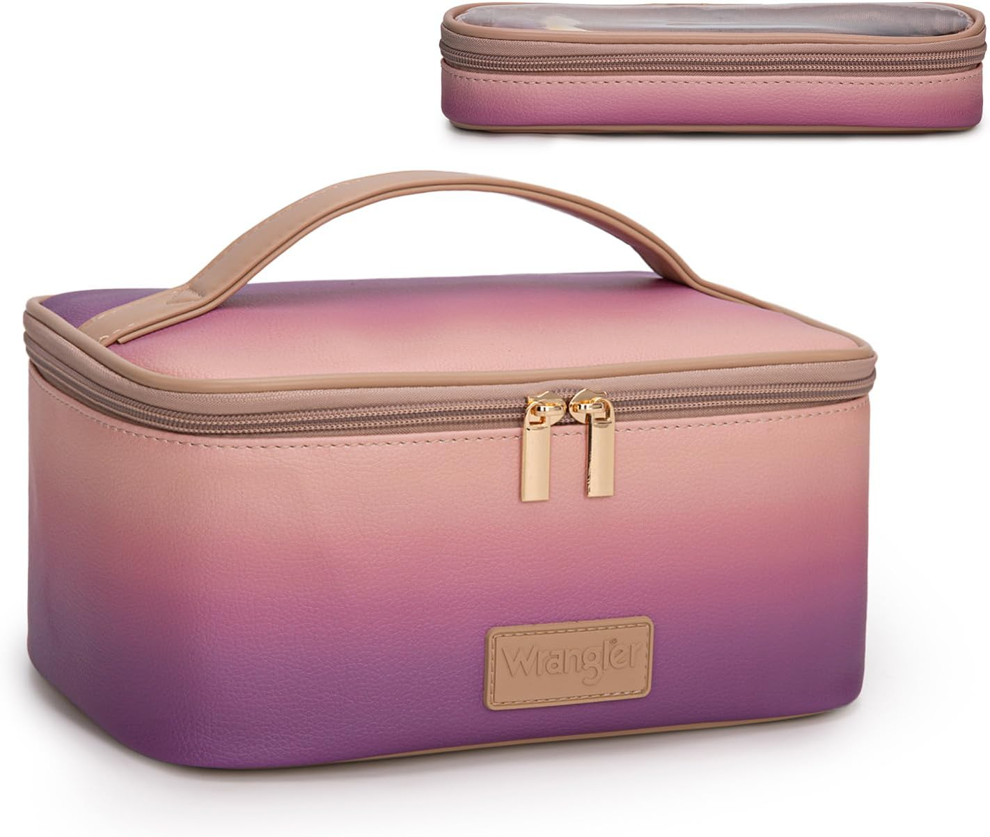 Montana West X Wrangler Travel Makeup Bag 2Pcs Set Large Cosmetic Bag with Makeup Brush Holder Portable Make up Organizer Toiletry Bag with Divider and Handle for Women, Purple, Large image number 4