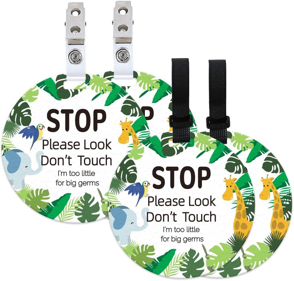 ORIGACH 4 Pack Forest Animals No Touching Baby Signs Look Baby Car Seat Tag with Hanging Strap and Clip for Newborn Girl Boy