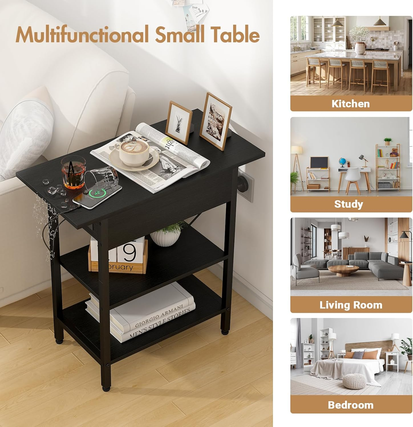 Advwin Sofa Side Table with Charging Station Narrow Flip Top Bedside End Table with AC Outlets and USB Ports Small Night Stand with Open Shelf for Livingroom Bedroom Office Study, Black - Black image number 5