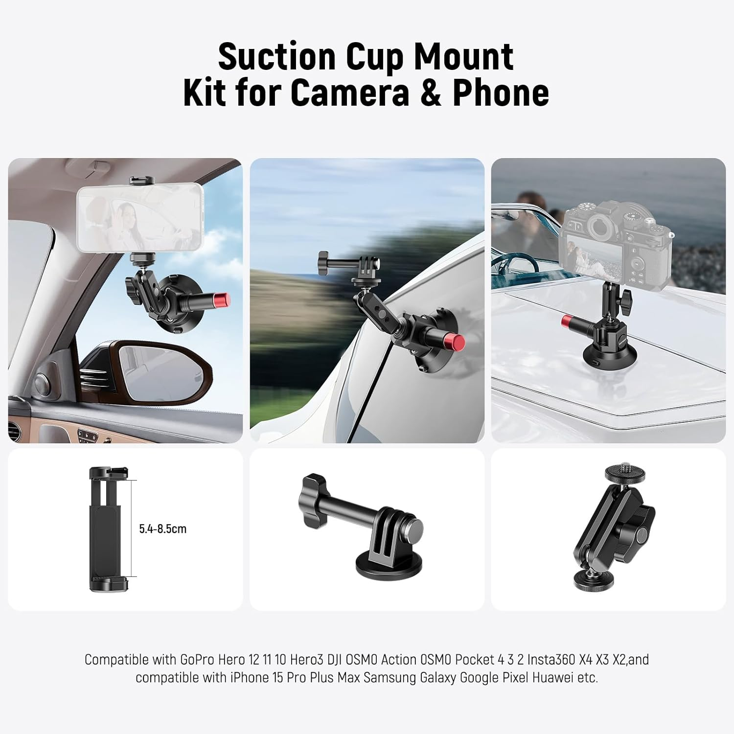 NEEWER 3" Suction Cup Camera Mount Bracket with Ball Head Magic Arm, 1/4" ARRI Holes, Quick Release Car Mount with Phone Holder & Action Cam Adapter Compatible with Iphone Gopro DJI Insta360, CA104 image number 2